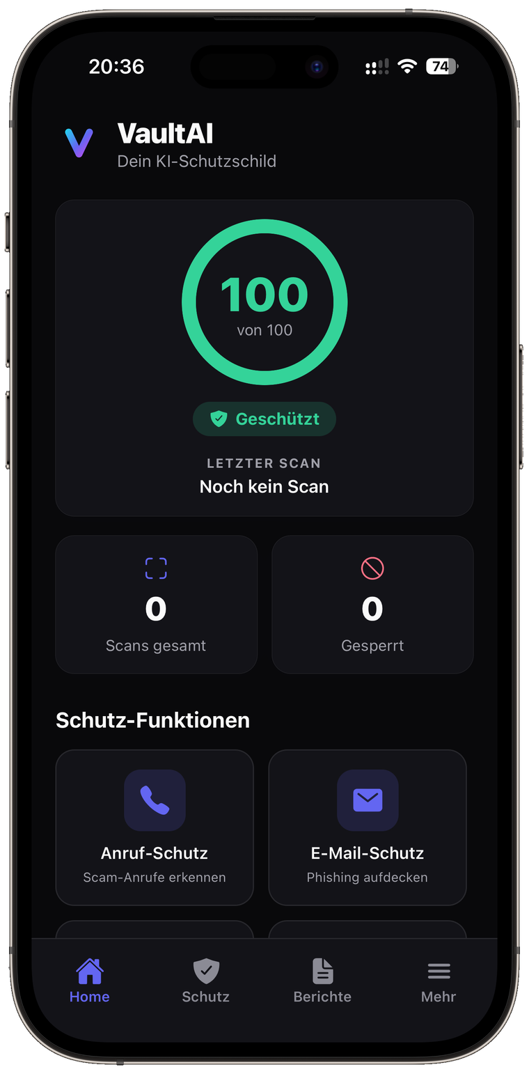 VaultAI auf dem iPhone: Startbildschirm mit Sicherheits-Score und den Schutz-Funktionen