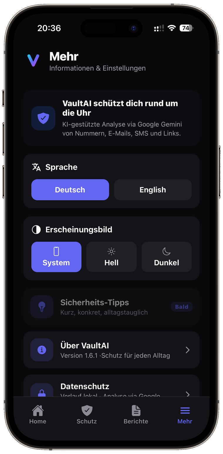 Einstellungen von VaultAI mit Sprache, Erscheinungsbild und Datenschutz