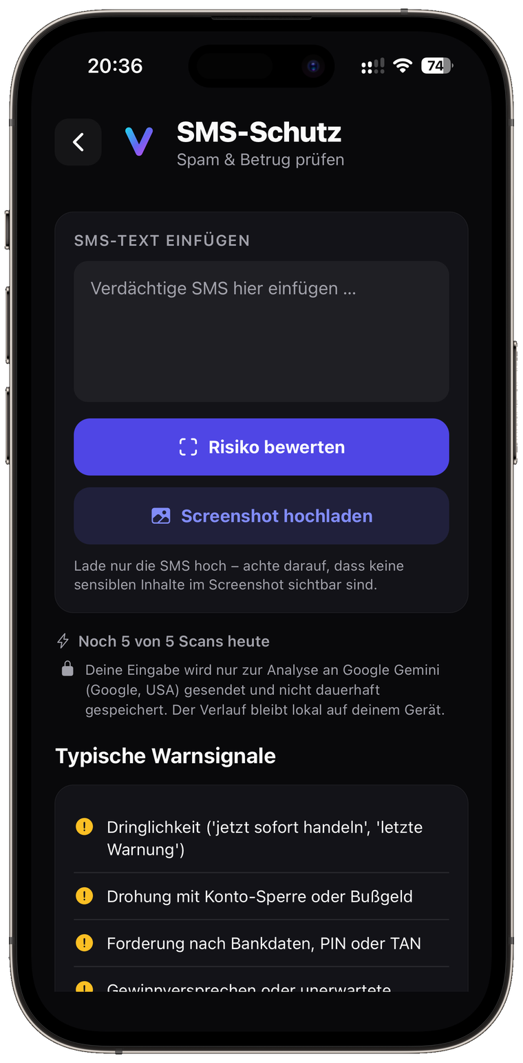 Die SMS-Prüfung in VaultAI mit Feld zum Einfügen des Textes und Upload für Screenshots