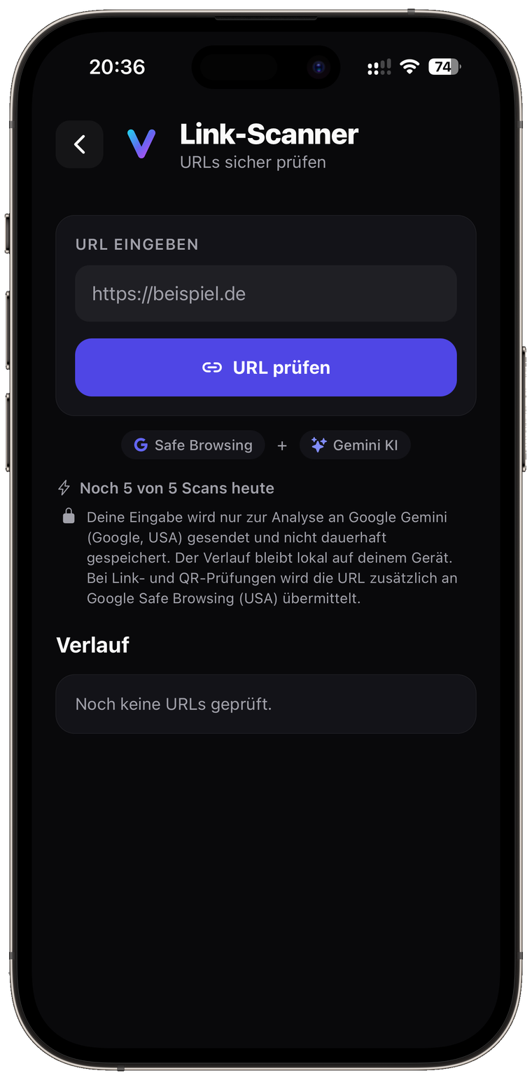 Der Link-Scanner in VaultAI mit Eingabefeld für die Adresse und Hinweis auf Google Safe Browsing